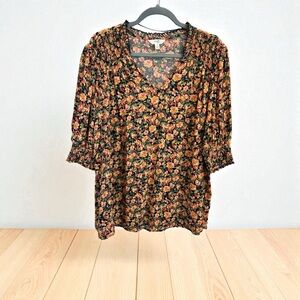 Terra & Sky Floral Boho Smocked V-Neck Blouse 1X Black Yellow Peach Flowers